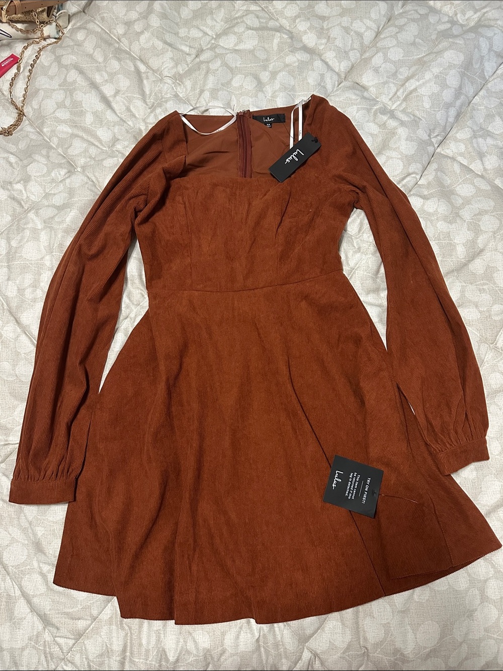 Lulu's Rust Brown Long-Sleeve Fit & Flare Dress